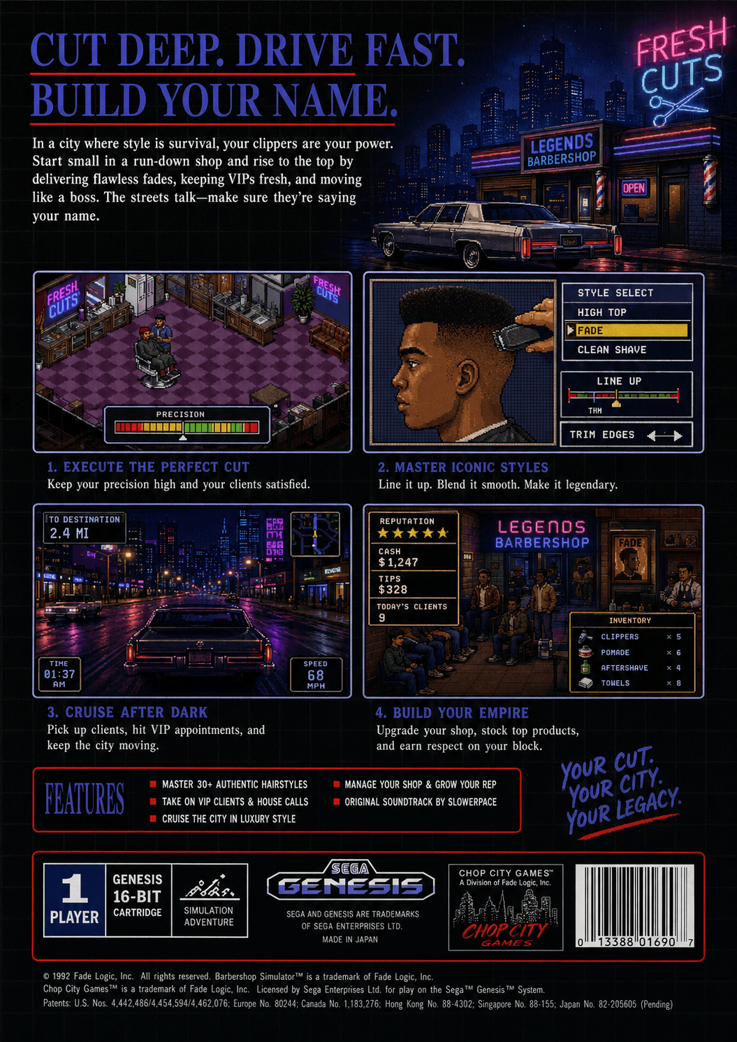 Back-of-box pitch art for Legends Barbershop