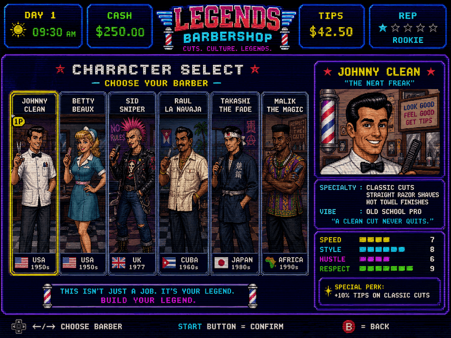 Legends Barbershop character select screen