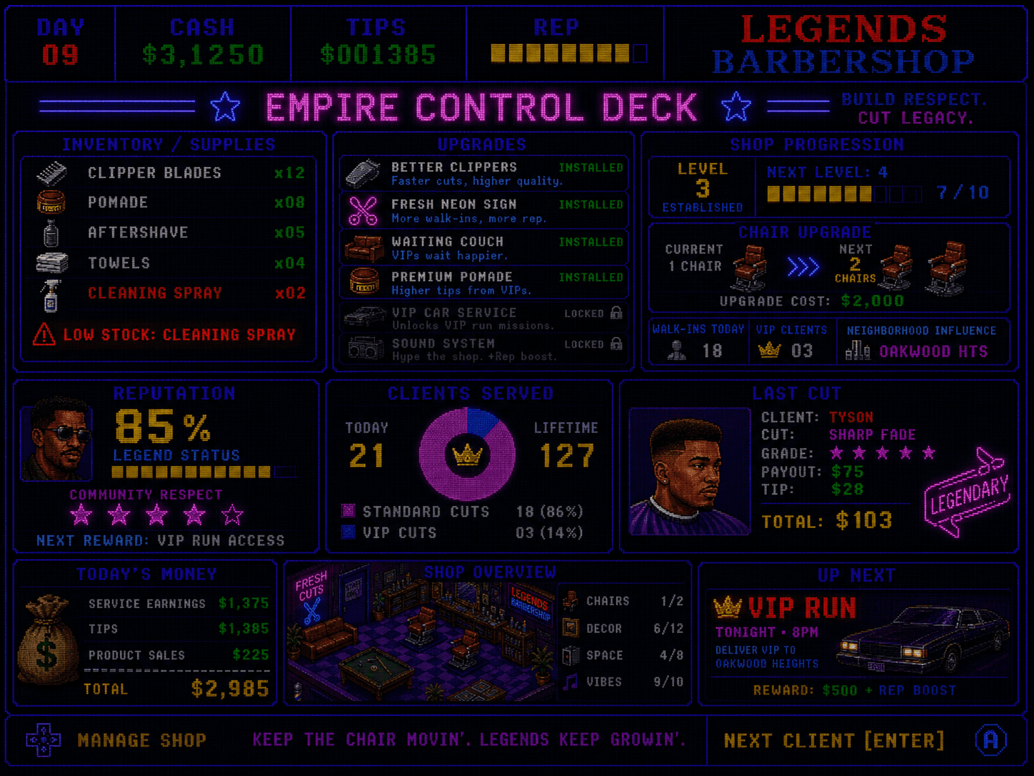 Legends Barbershop empire control deck screen
