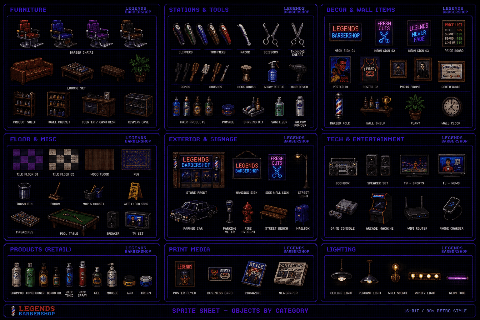 Legends Barbershop sprite and object reference sheet