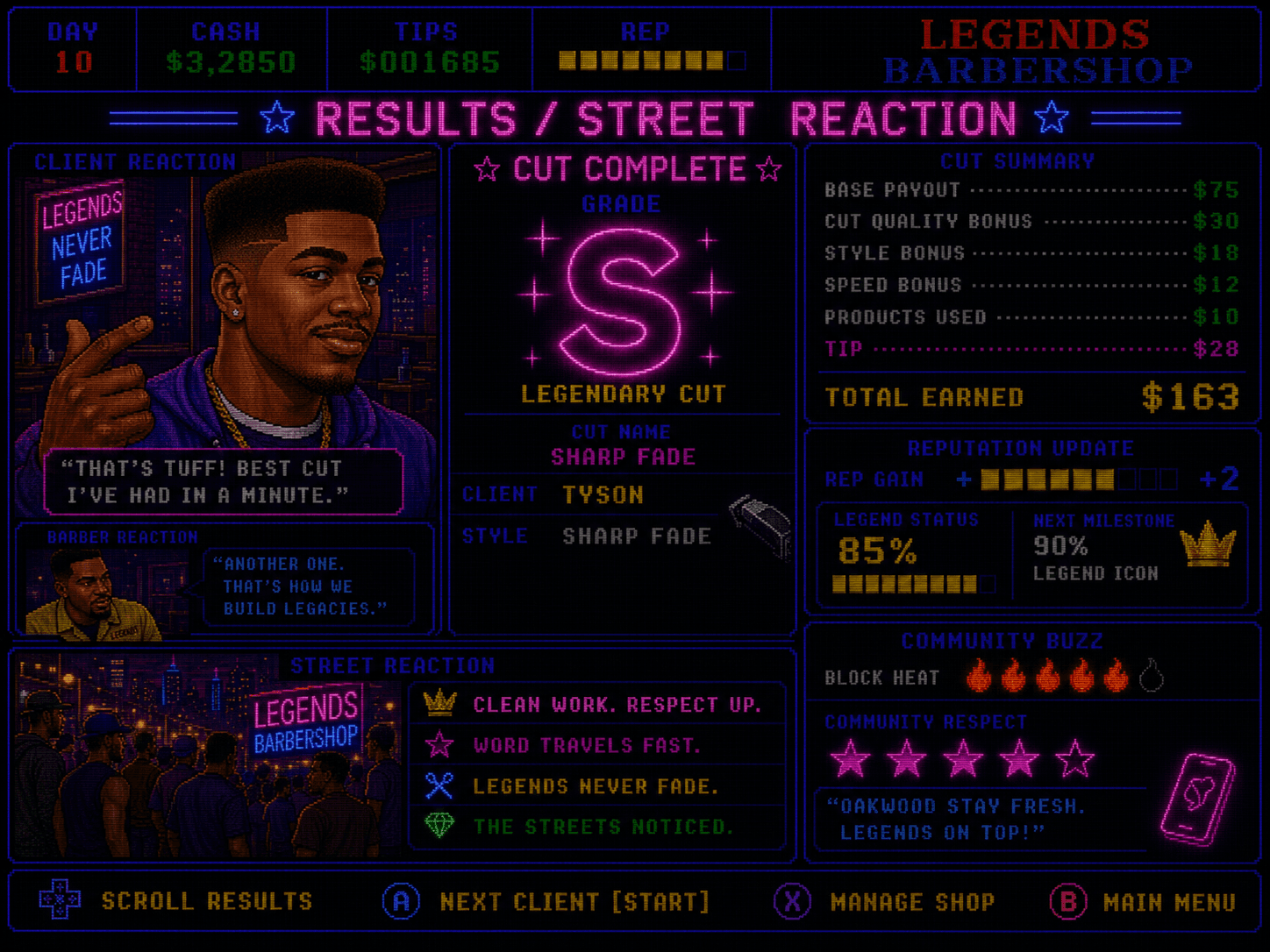 Legends Barbershop results and highlight reel screen
