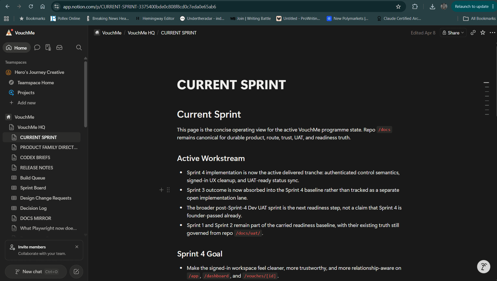 Notion sprint planning board for VouchMeApp