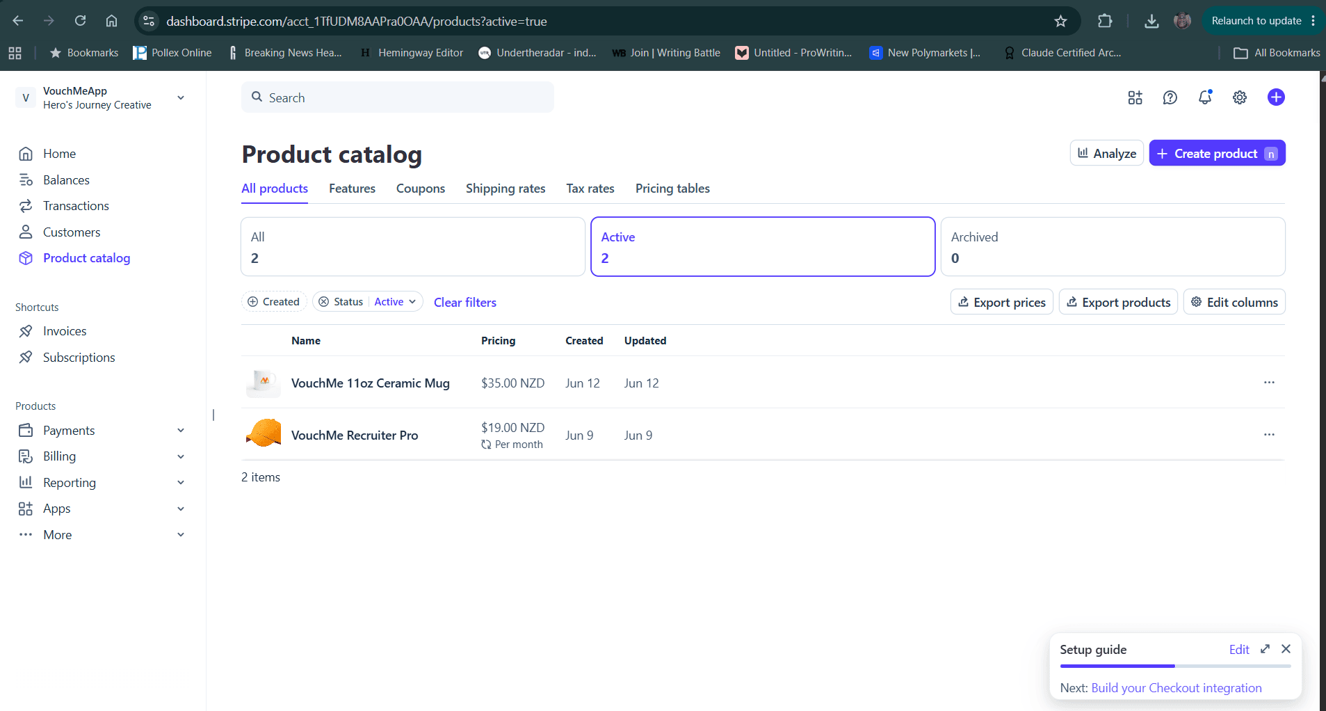 Stripe products configured for VouchMeApp
